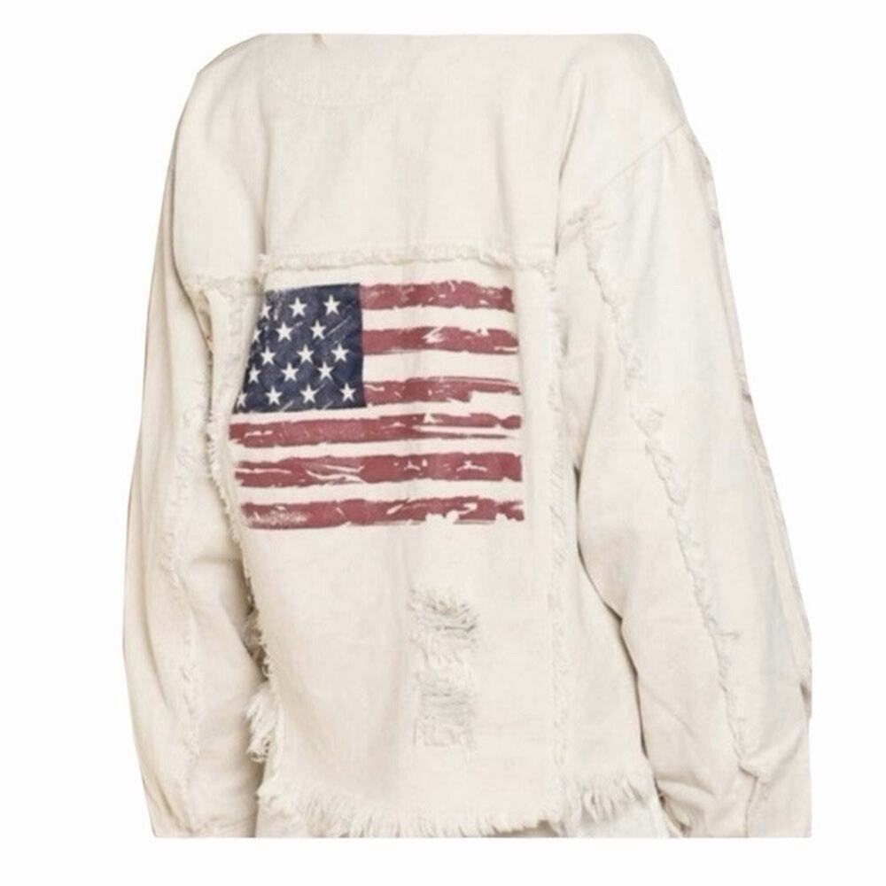 POL American Flag Distressed Denim Jacket Cropped Frayed Raw Hem Button Front SM